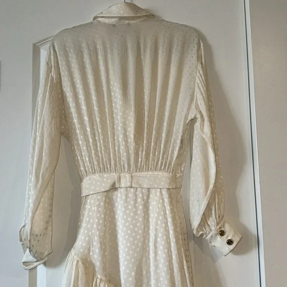 Balmain Rare Logo Plaque Belt Tonal Polka Dot Ruffle Hem Dress In White